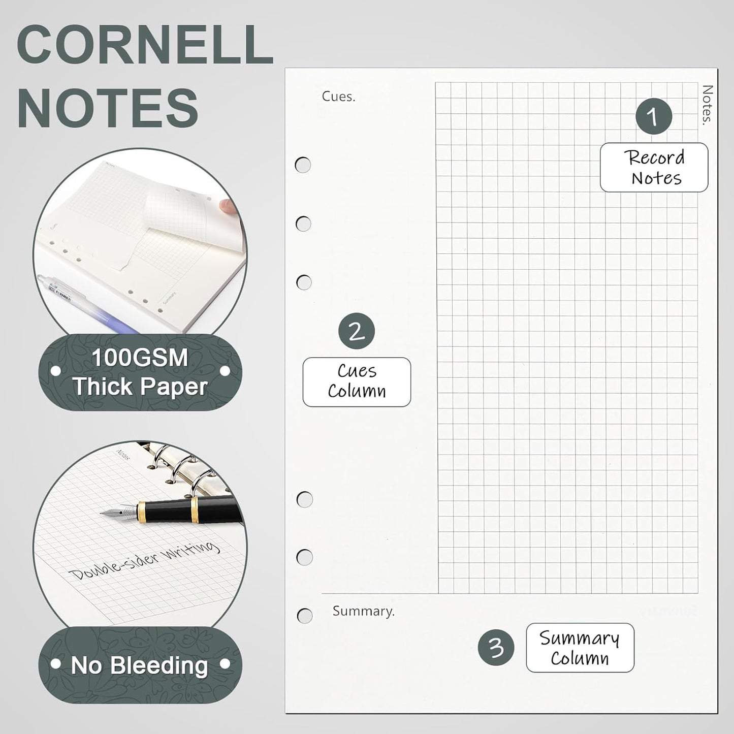 Toplive Cornell A5 Filler Paper, A5 Refill Papers 6 Ring Cornell Notes Loose Leaf Papers, 160 Sheets Refillable Inserts Paper Notes Taking System for Office School College Study