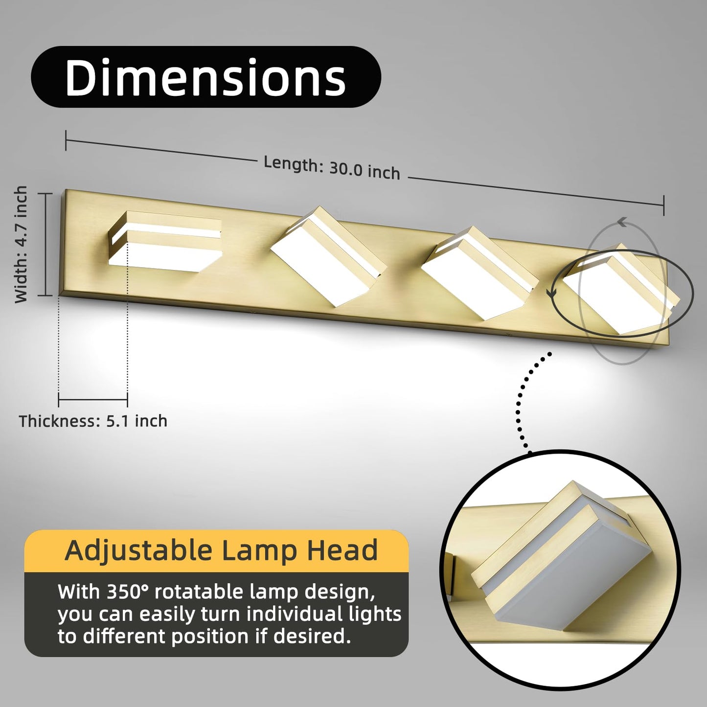 OKELI Bathroom Vanity Light Fixture, 5 Lights, 350? Rotatable, 24W, Gold Dimmable, Model OK-9553-4T-GL, Modern Wall Mounted
