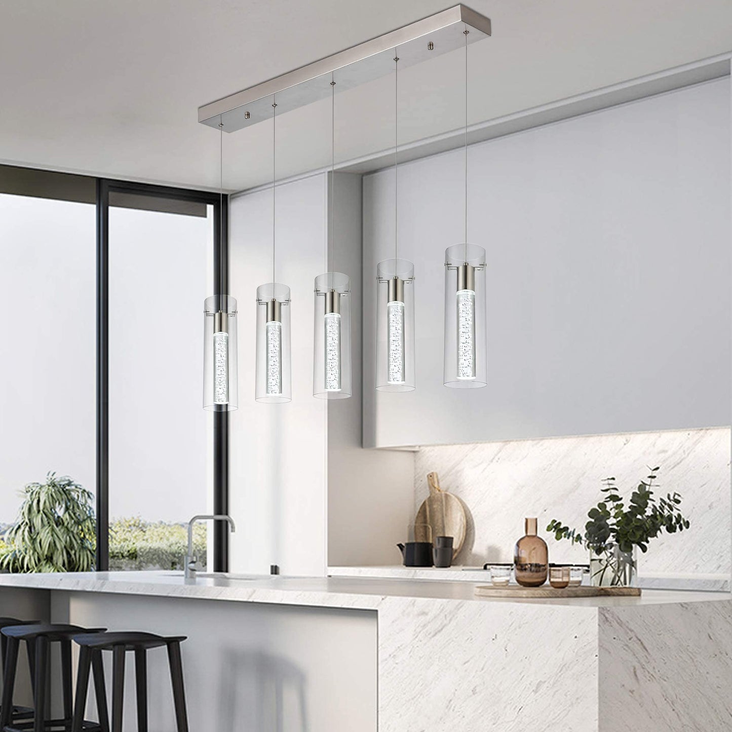 votag 5-Light LED Pendant Light Fixture Brushed Nickel Metal for Kitchen Island, Model PI-0172