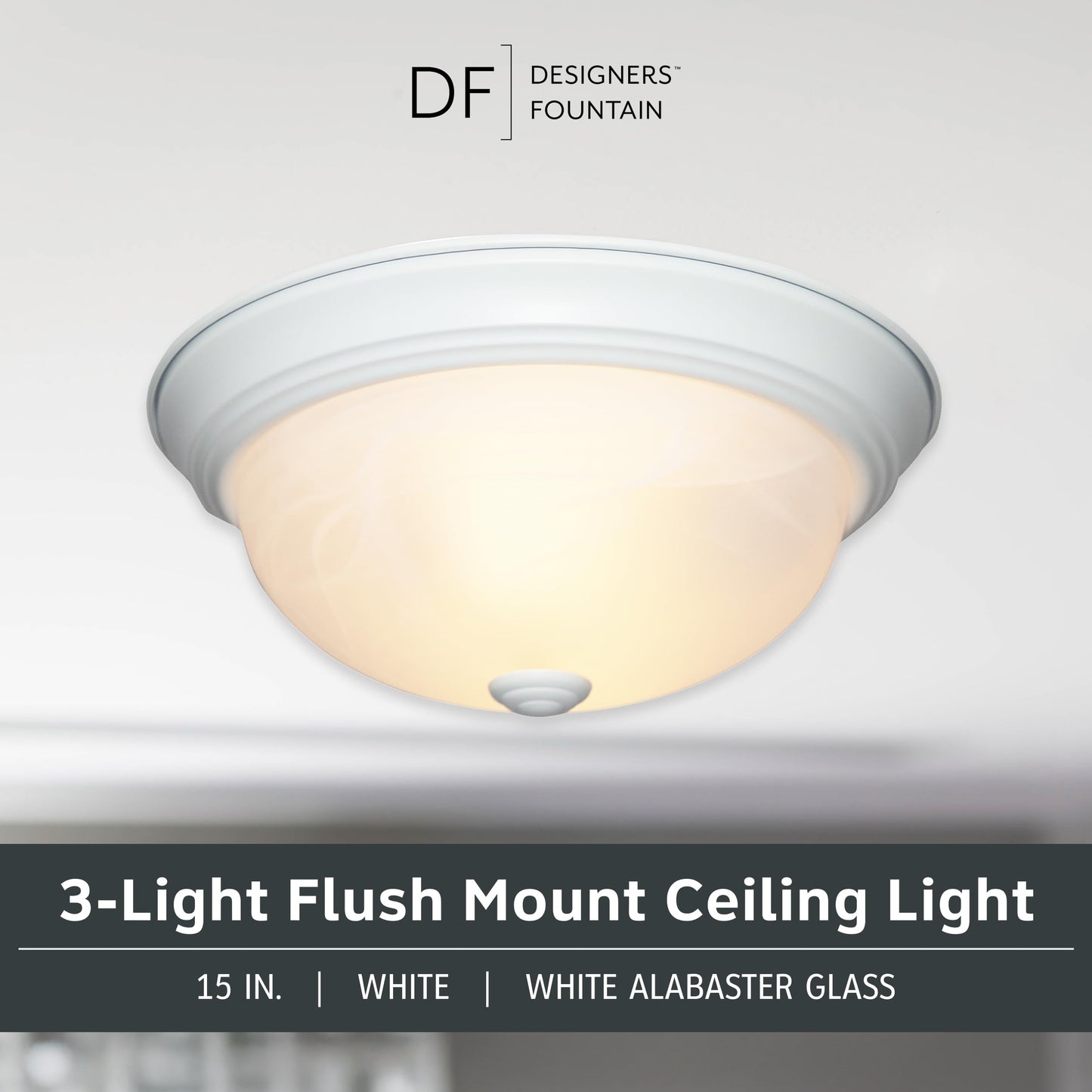 Designers Fountain 3-Light Flush Mount Fixture, White Alabaster Glass, 15 in, Alloy Steel, Model 1257L-WH-AL