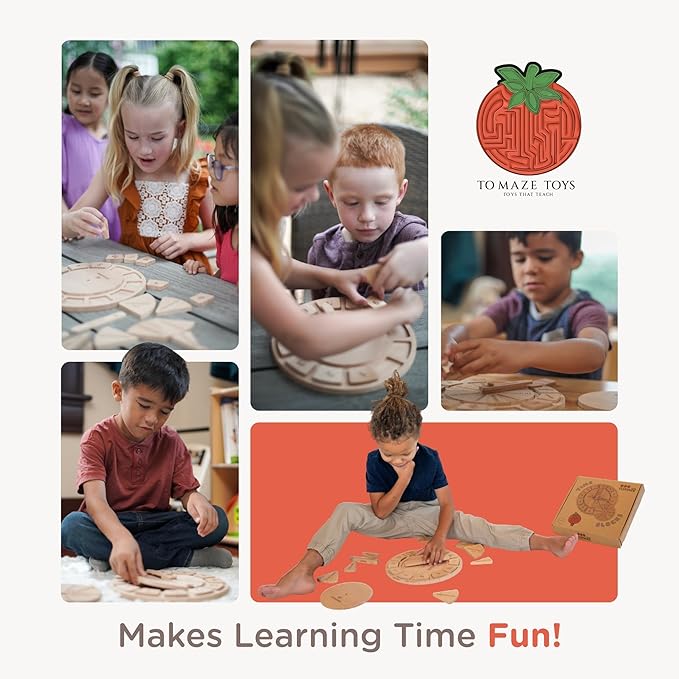 Tomaze Montessori Wooden Toy Clock - Kids' Educational Kit to Teach Time, Fractions, Numbers, & Sorting with Blocks - Early Math Learning - Gift for Age 4+ Boy Girl Preschooler in Classroom Homeschool