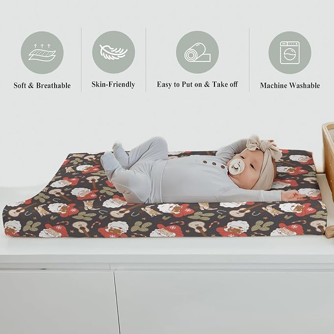 Christmas Western Cowboy Santa Baby Changing Pad Covers for Boy Girl Country Santa Cactus Boots Guitar Fitted Changing Table Mats Winter Holiday Festive Soft Diaper Change Table Sheets 32''×16''