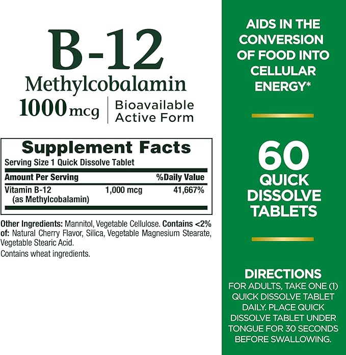 Nature's Bounty Vitamin B-12 Quick Dissolve Tablets, 1000mcg, Aids in The Conversion of Food into Cellular Energy, Cherry Flavor, 60ct