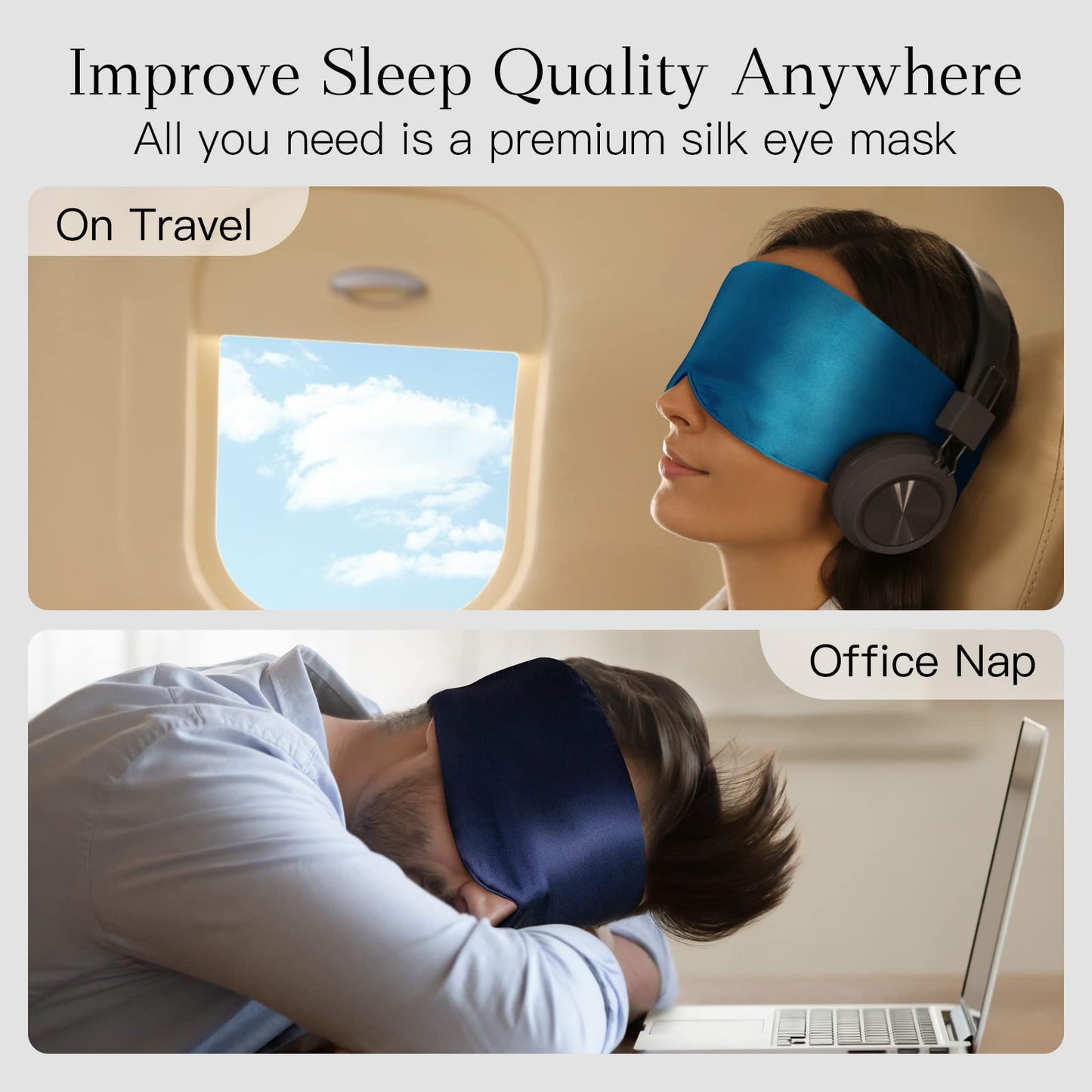 iCooBreeze 100% Natural Silk Eye Mask for Women Men, Soft Pressureless Cooling Blackout Eye Covers for Sleeping, Large Size Sleep Mask fits All Heads Adjustable, 1PC, Vivid Blue
