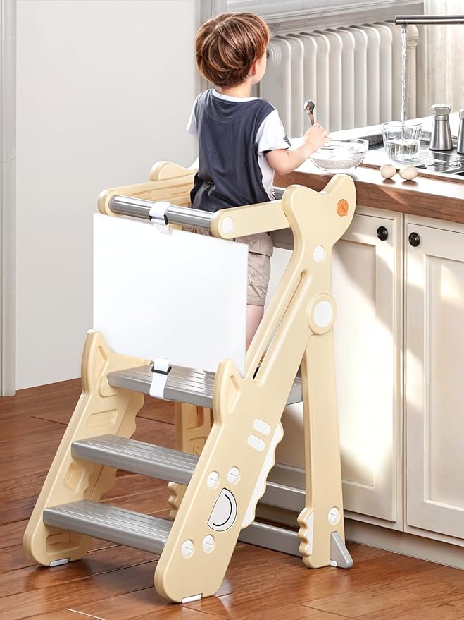 VBABY Foldable Toddler Tower, Plastic Kids Kitchen Stool, Adjustable Height Toddler Step Stool, Certified Standing Tower, White
