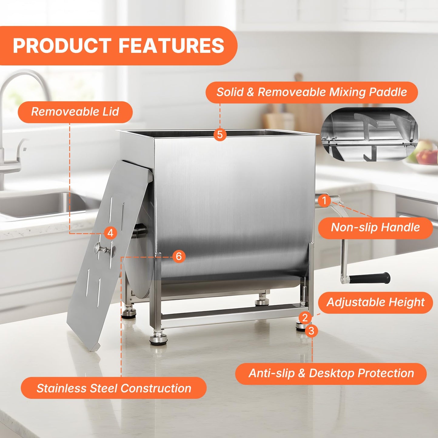 Hakka Manual Meat Mixer 15lb/7.5L, Fixed Tank 10L Stainless Steel Updated Commerial Food Mixer for Meat and Seasonings, Sausage, Burger, Patty
