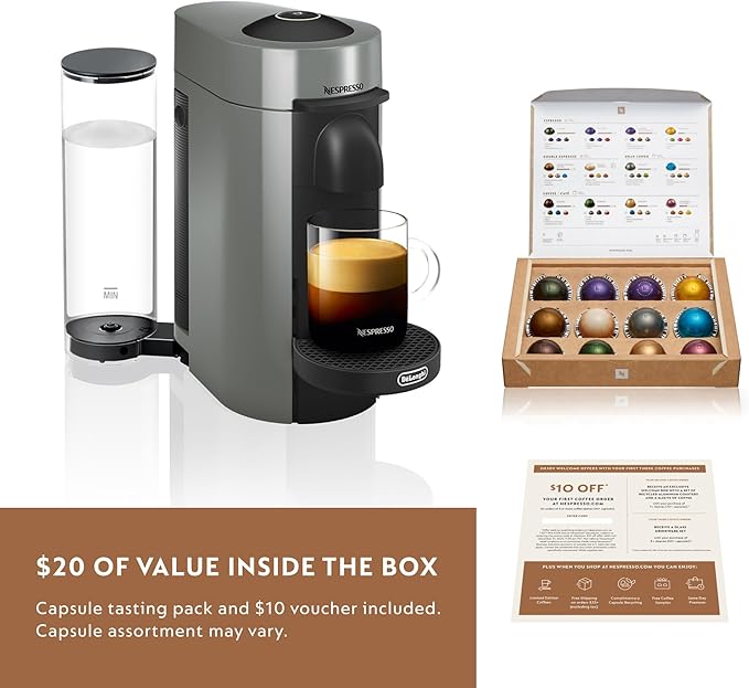 De'Longhi Nespresso Vertuo Plus Coffee and Espresso Maker by De'Longhi, Grey with Aeroccino Milk Frother
