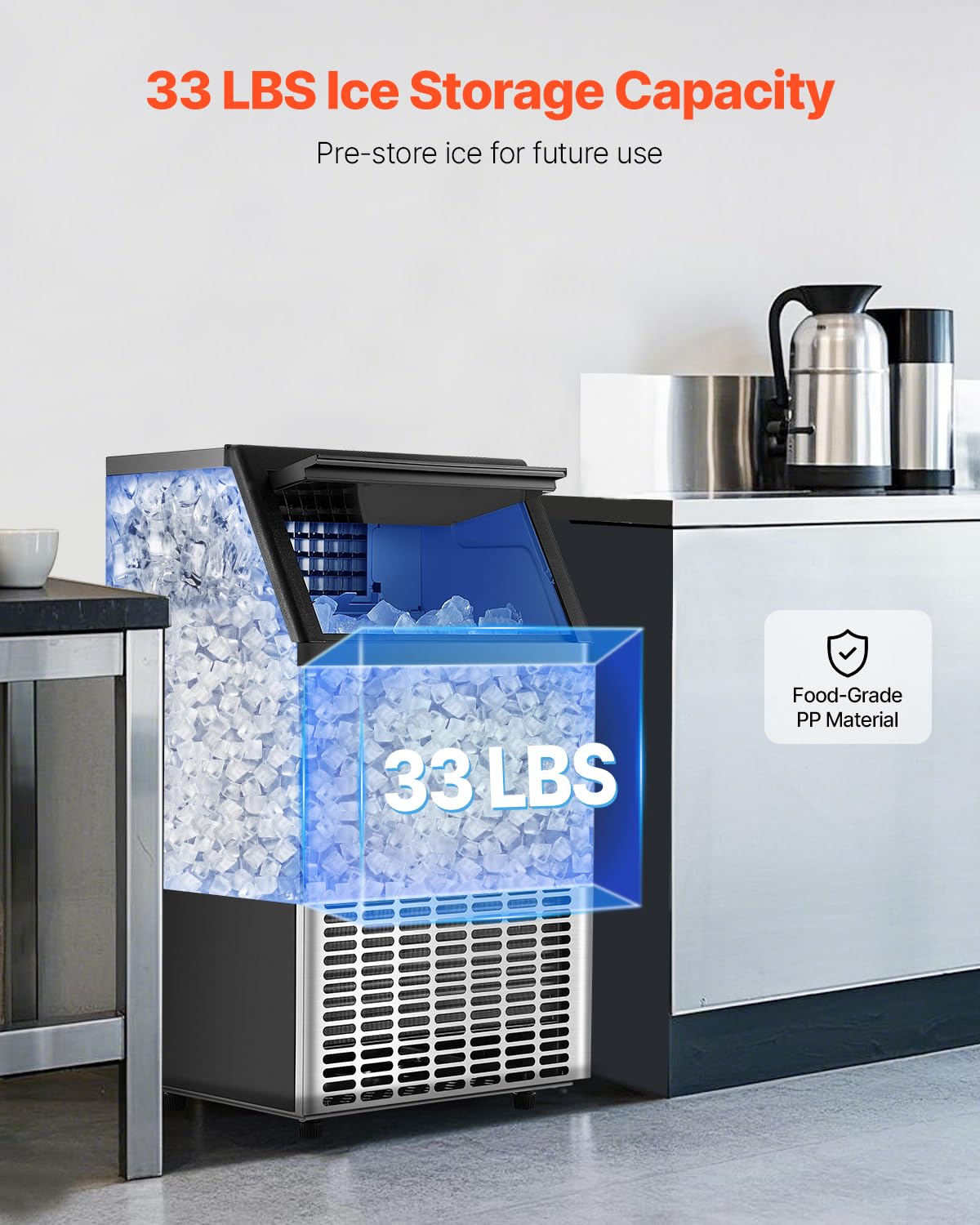 VEVOR Commercial Ice Maker Machine, 100lbs/24H Ice Maker Machine with 33lbs Storage Capacity, 45 Ice Cubes in 15 Minutes, LED Digital Display Freestanding Self-Cleaning for Bar Office Restaurant