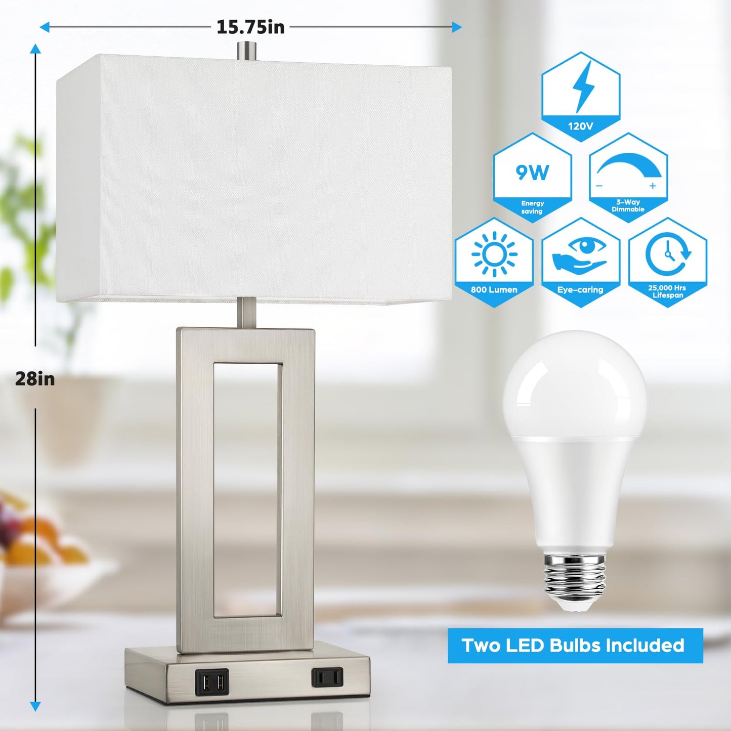 TOBUSA Modern Table Lamps Set of 2, 28in Tall, 3-Way Dimmable Touch Control, Metal & Fabric, White & Silver, Model T0344L-ST+
