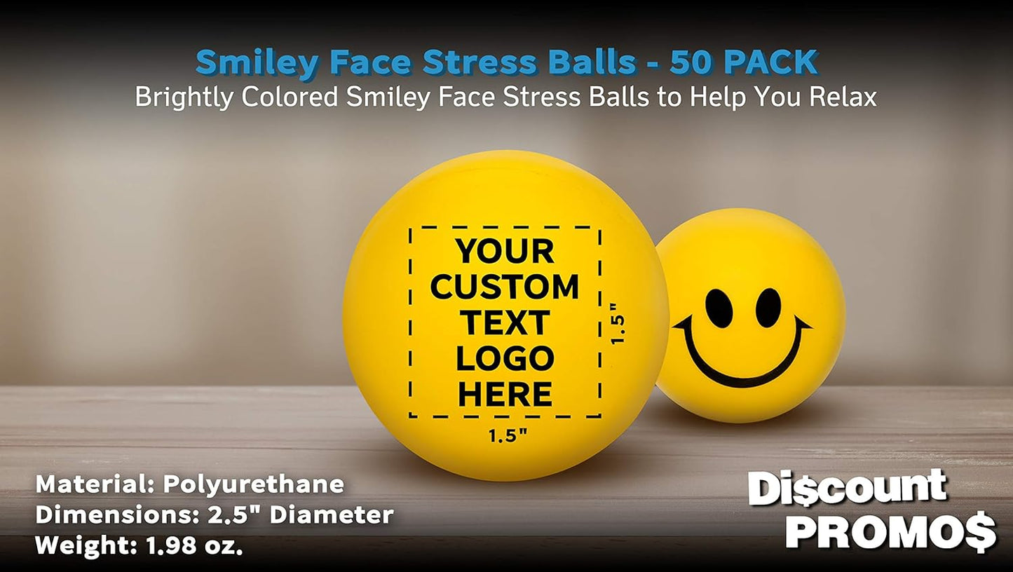 DISCOUNT PROMOS Custom Smiley Squeeze Balls Set of 50, Personalized Bulk Pack - Perfect Promotional Giveaways - Yellow