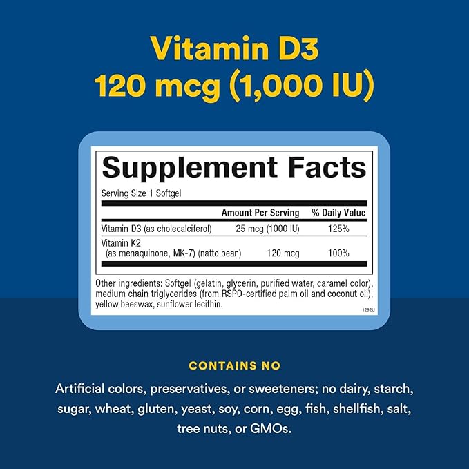 Natural Factors, Vitamin D3 & K2 1000 IU and 120 mcg, Supports Bone and Vascular Health, 60 Softgels
