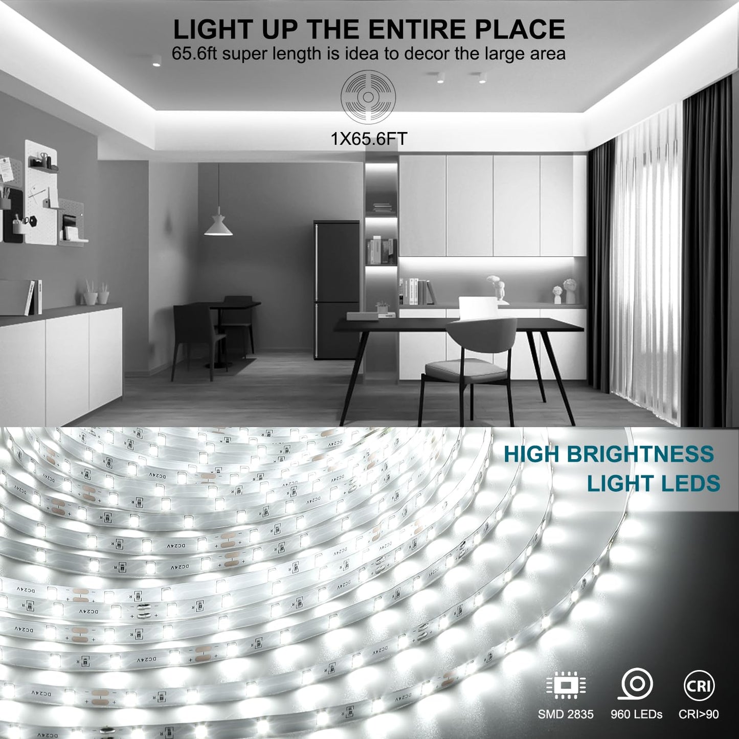 Wefomey LED Strip Lights, 65.6ft Dimmable 24V, 960 LEDs, 6500K Bright Daylight White, Flexible Tape Lights for Home Decor, Model