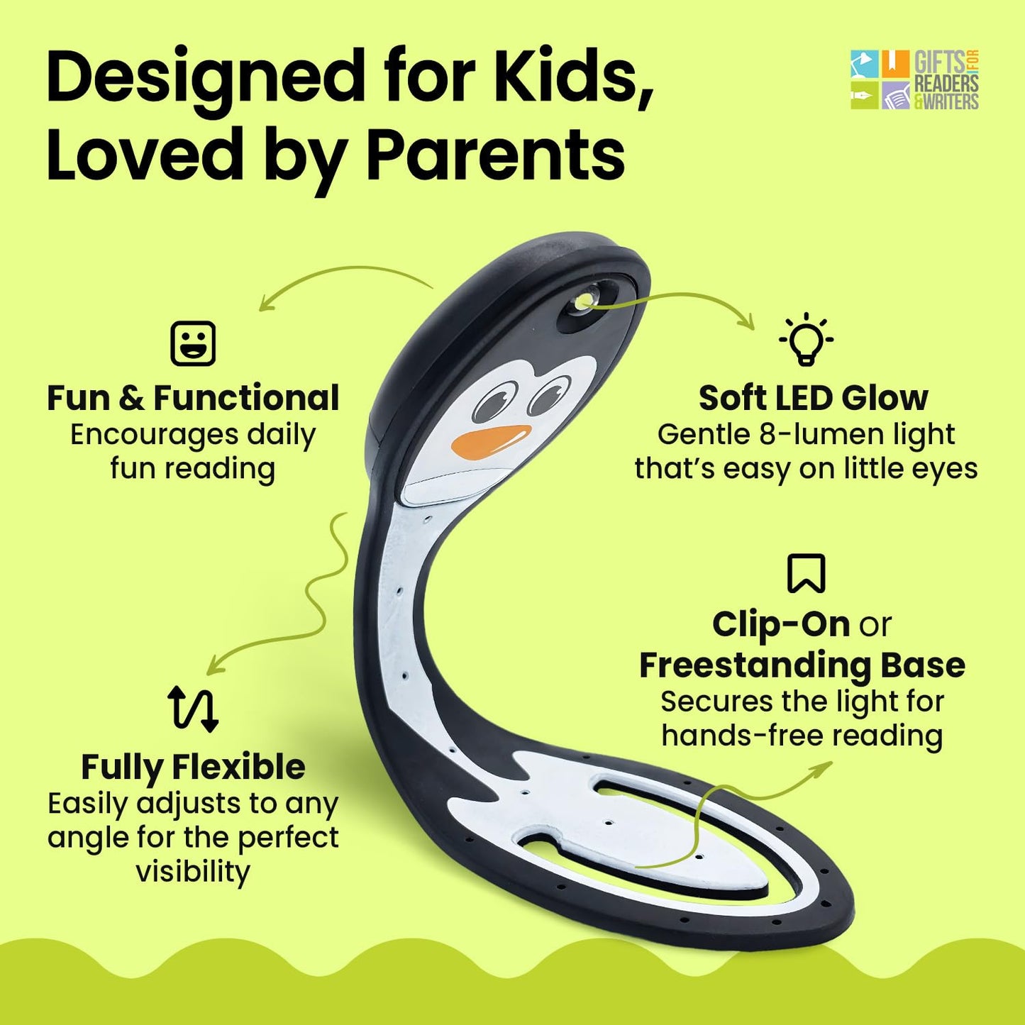 Gifts for Readers & Writers Flexilight Reading Light - 2 in 1 Bookmark LED Clip On Lamp, Battery Operated, Penguin Color