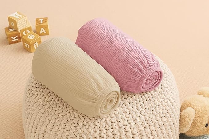 Muslin Bassinet Sheets Set of 2 Large Size 33x17 Pink & Beige Baby Bassinet Sheets, Soft Breathable Fitted Sheets for Bedside Sleeper, Gentle on Baby Skin, Stays Tight & Won’t Bunch Up