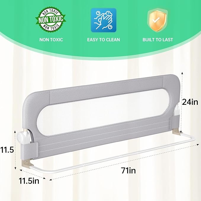 Folding Bed Rail for Toddlers,Baby Bed Rail Guard with Reinforced Anchor Safety System,Fit Bunk,Full Size,Queen,King,Twin(Grey,71"x23.6")