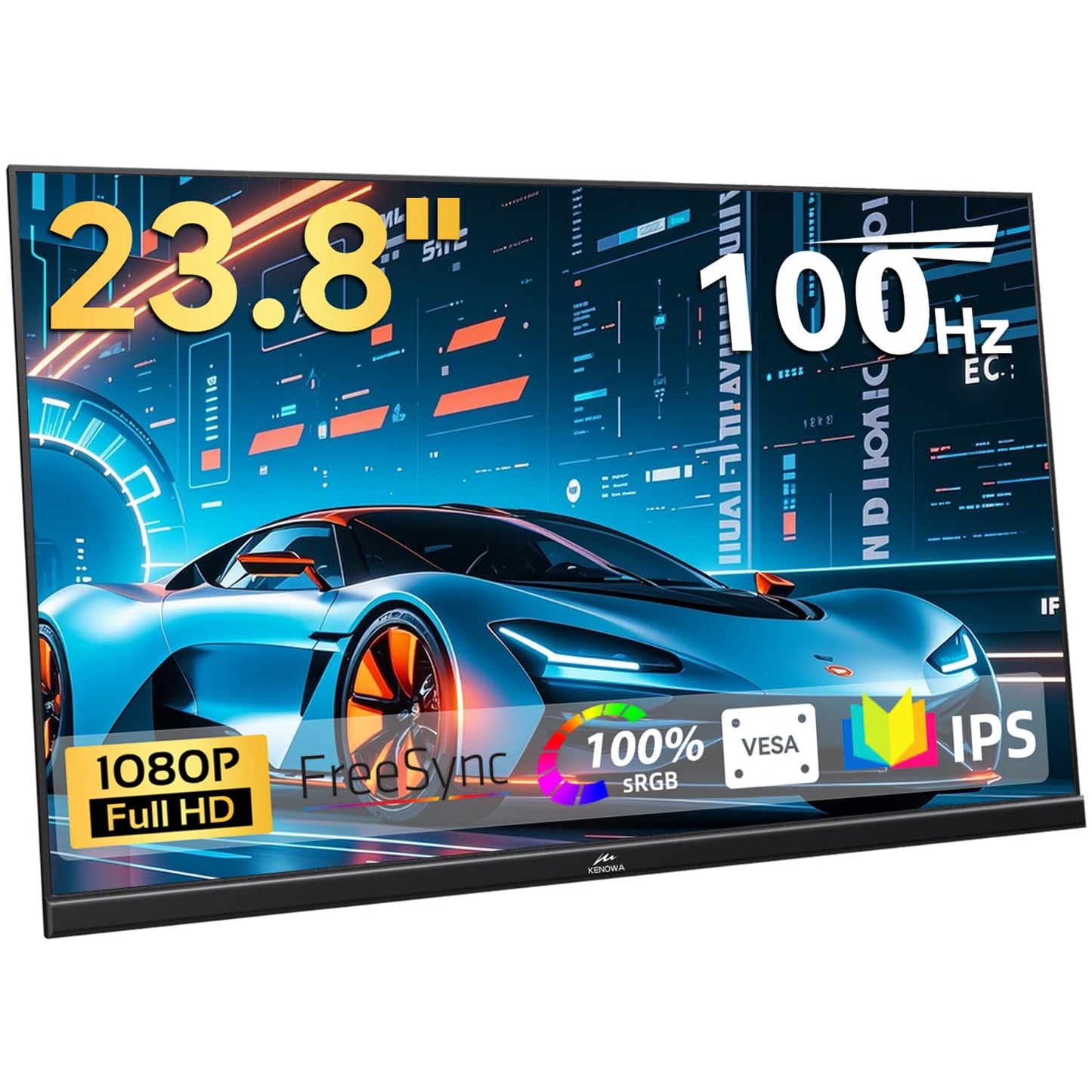 Kenowa 23.8" 100Hz Large Portable Monitor IPS FHD 1080P Freesync USB-C HDMI Gaming Monitor, External Display Dual Speakers Adjustable Stand for PC,Laptop,Mac,Phone,Game Consoles