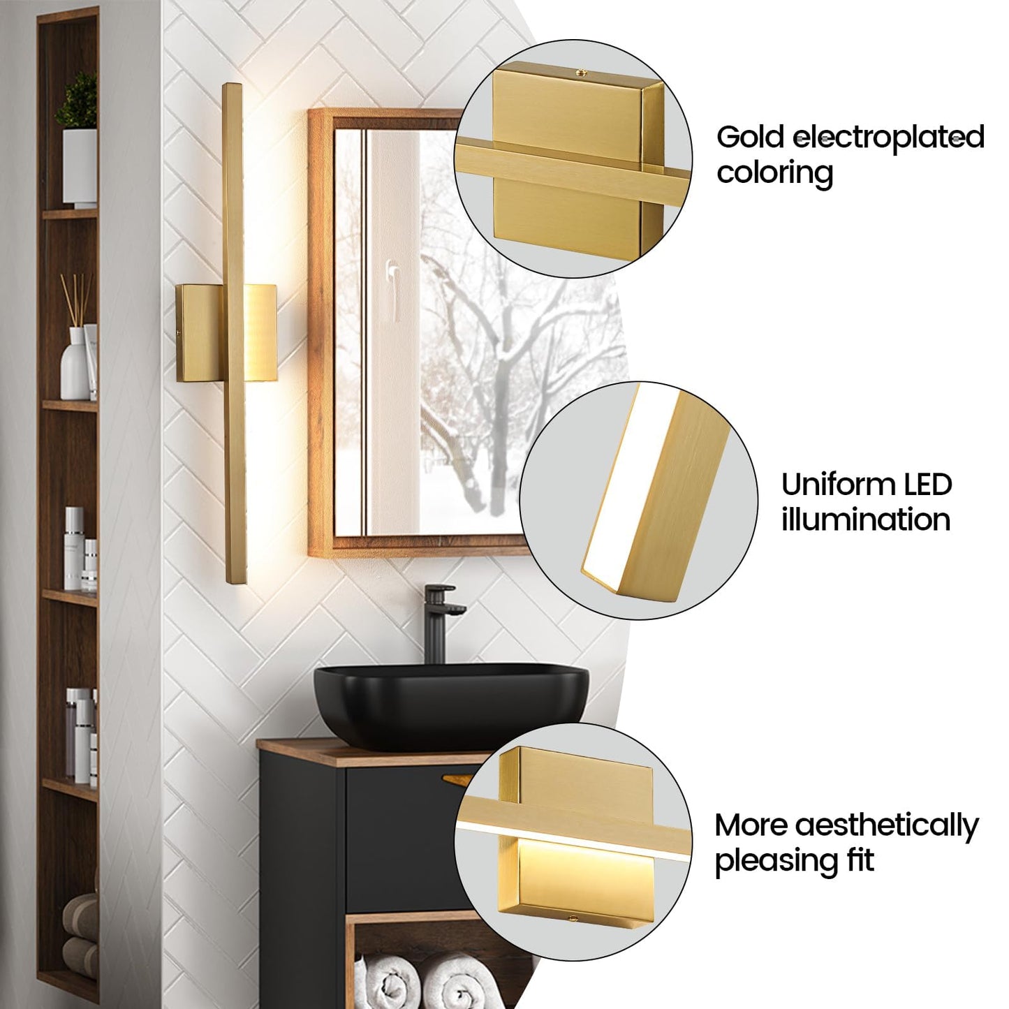 Epinl Gold Bathroom Light Fixtures - 23.6 Inch Brushed Gold Vanity Lights For Bathroom Over Mirror Dimmable18W Led Dimmable 5Cct Wall Sconce Lighting Fixture For Bathrooms Bedroom