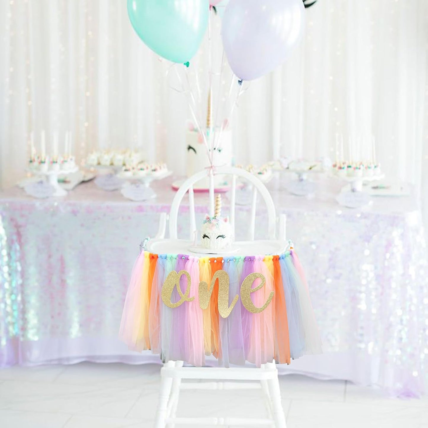 Rainbow High Chair Banner for 1st Birthday - Unicorn Theme Party Decoration with Tulle Tutu, Adjustable 'One' Pennant, 80in Ribbon - Baby Shower, Birthday, Thanksgiving