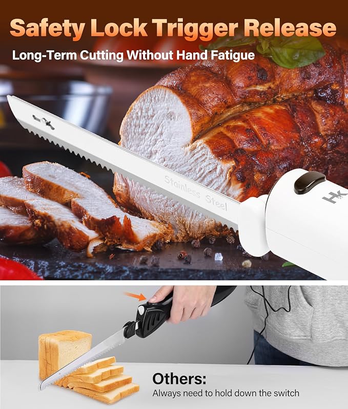 HK Cordless Electric Knife for Carving Meats, Poultry, Bread, Crafting Foam & More, Included Dual 304 Stainless Steel Blades, Fork, Foldable Cutting Board