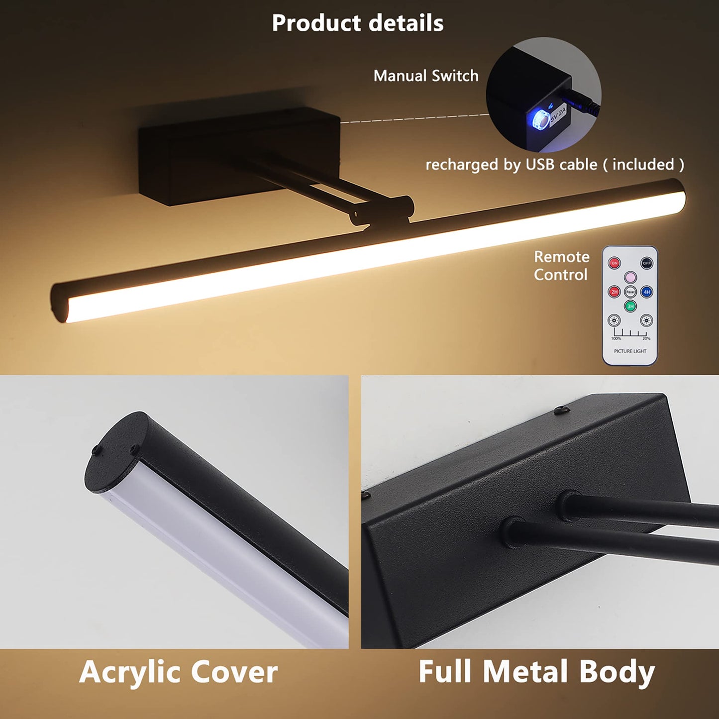 Howmzon 16 Rechargeable Metal Picture Light, Dimmable Wall Sconce In Black, Model Hw002Bk For Art And Gallery Display