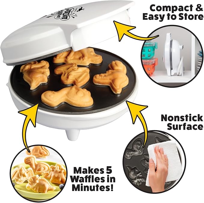Dinosaur Mini Waffle Maker- 5 Different Double Sided 3D Shaped Dinos in Minutes- Breakfast Fun for Kids Adults w Cool Novelty Pancakes, Electric Baker, NonStick Waffler Iron w Recipe Guide, Xmas Gift