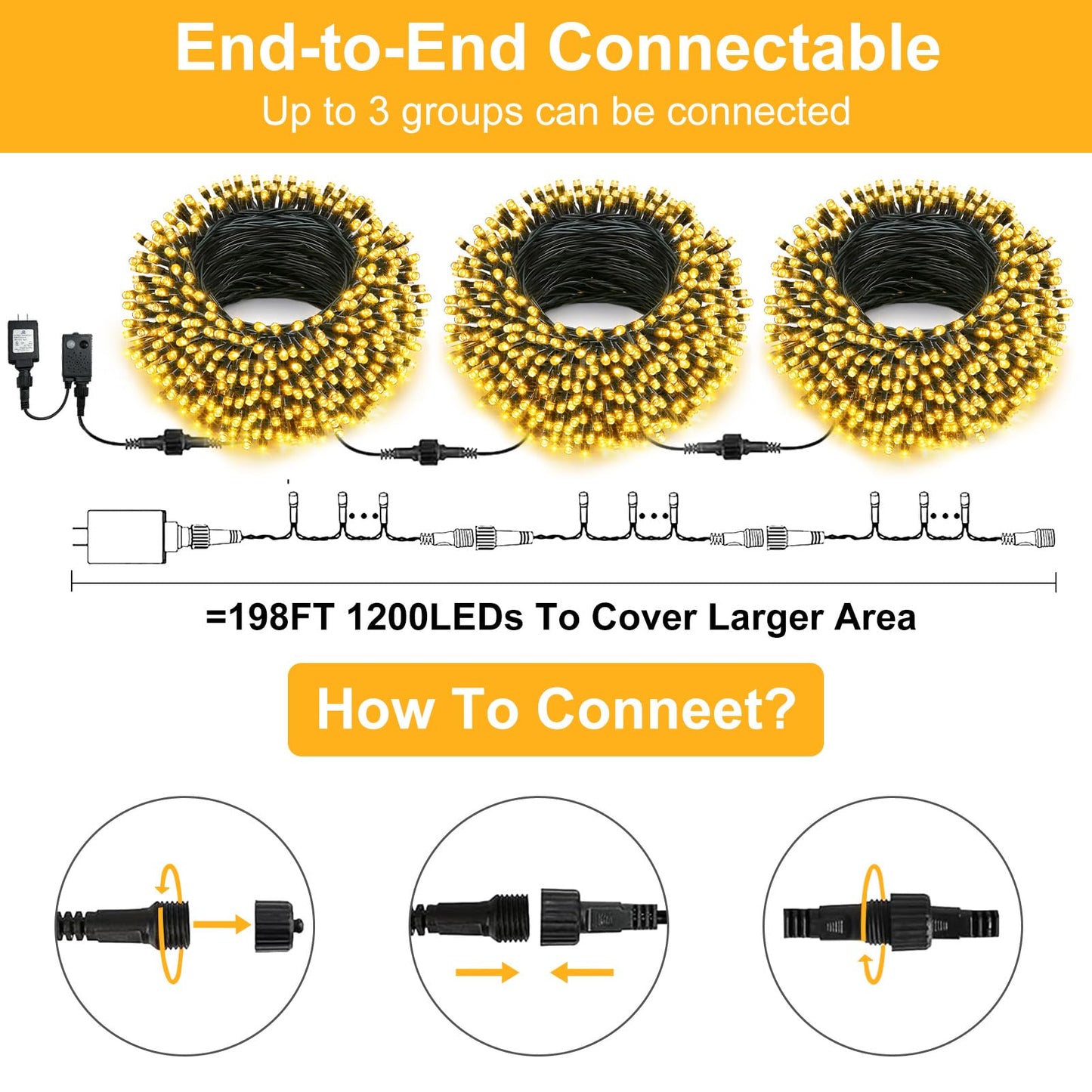 Echosari 400 Led Christmas String Lights Connectable  Extra Long 66Ft Outdoor String Lights End-To-End Plug In With Remote Timer For Garden Patio Tree Decor (Warm White)