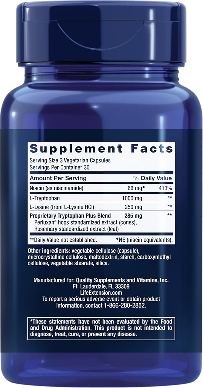 Life Extension Optimized Tryptophan Plus 1000mg - L-Tryptophan Supplement with Niacin and L-Lysine for Healthy Sleep & Stress Response – Gluten-Free, Non-GMO, Vegetarian - 90 Capsules