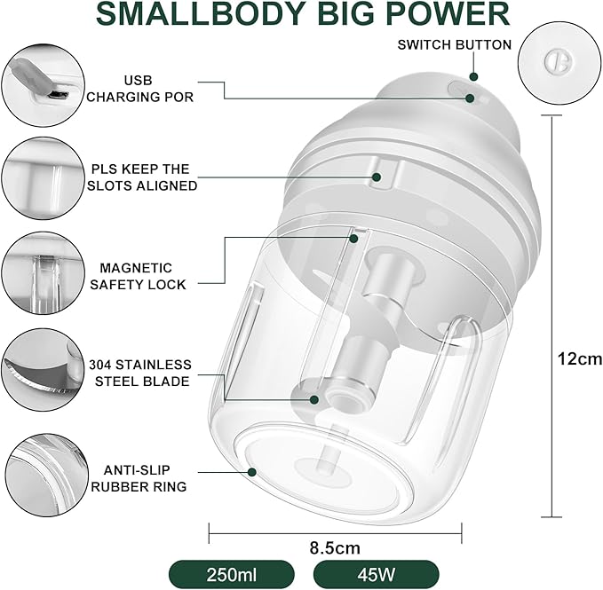 Electric Garlic Chopper, 250ML Garlic Mincer with Egg Beater, Mini Portable Vegetable Chopper, Onion Grinder Masher, USB Small Food Processor for Veggie, Garlic, Ginger, Chili(White)