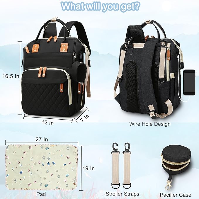 Diaper Bag Backpack Baby Bag, Baby Girl Boy Diaper Bag for Dad Mom with Pad, 16 Pockets, Pacifier Case, Large Diaper Bags Unisex for Travel (Black)