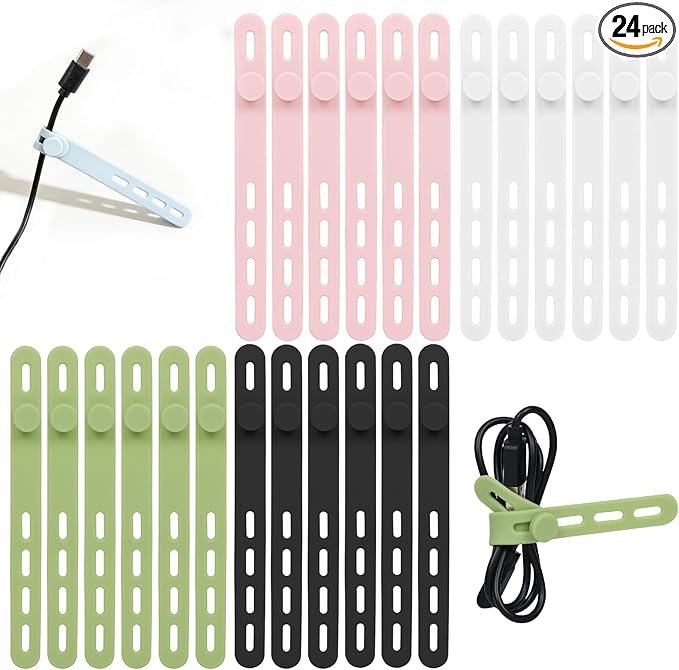 Donruby 24Pcs Silicone Cable Ties - Reusable & Washable with Locking Buckles, Adjustable Fastening Cable Management Strap...