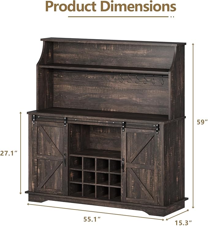 55 Inch Farmhouse Coffee Bar Cabinet with 3-Tier Enclosed Storage Cabinet, Kitchen Hutch with 12 Wine Racks & 3 Glass Holders, Coffee Bar with 6 Hooks, Wood Furniture for Dining Living Room, Oak