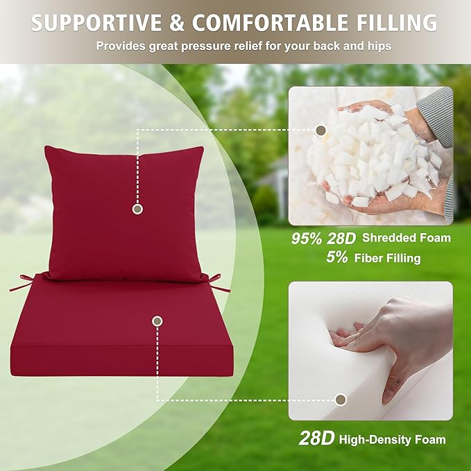 Outdoor Cushions for Patio Furniture, Waterproof Outdoor Chair Cushion w/Fade-Resistant, Removable & Machine-Washable Cover, 22x22 Inch, Deep Seat Sofa/Couch Pad Replacement – Set of 1/2/4, Burgundy