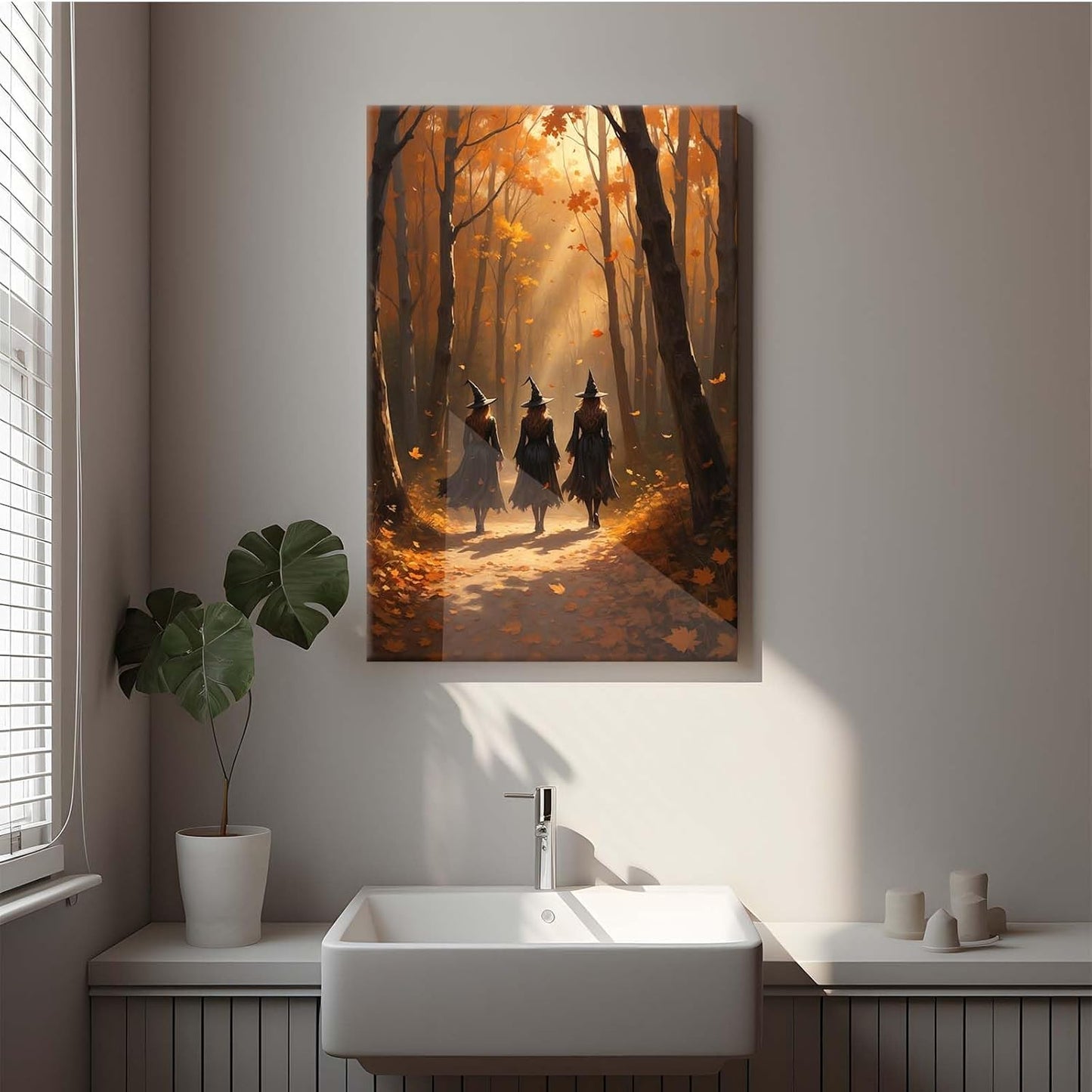Three witches walking in the forest in autumn canvas painting gothic poster halloween print country witch wall art for home decoration24x36in Wood Framed