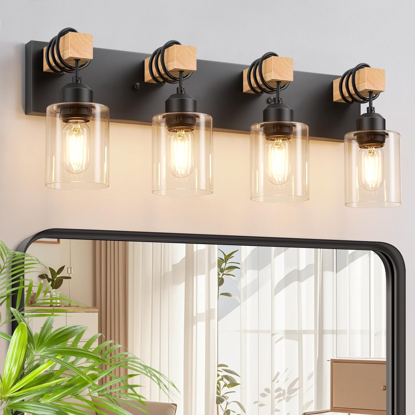 Licperron 4-Lights Farmhouse Vanity Lights For Bathroom  Matte Black Bathroom Light Fixtures With Clear Glass Shade  Rustic Wood Wall Lighting Fixtures Over Mirror For Bedroom  Living Room  Hallway