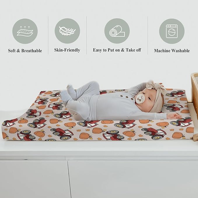 Red Tractors Pumpkins Baby Changing Pad Covers for Boy Girl Autumn Farm Trucks Harvest Fitted Change Table Mats Fall Farmhouse Vehicle Soft Diaper Changing Pad Sheets for 32''×16'' Contoured Pad