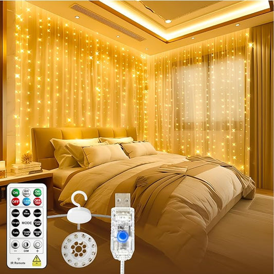HXWEIYE 300LED Untangled Curtain Lights, 9.8x9.8Ft USB Fairy Twinkle String Lights with Remote and DIY Timer, 8 Modes Wind...