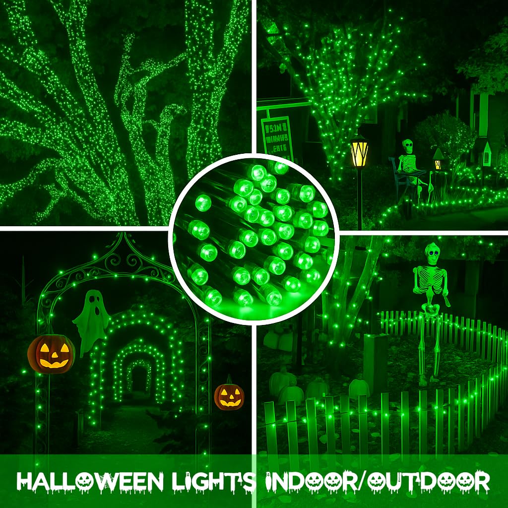 SANJICHA Solar String Lights, 320 LED, 8 Lighting Modes, 4 Pack, Green Wire, Waterproof for Outdoor Halloween/Xmas Decorations