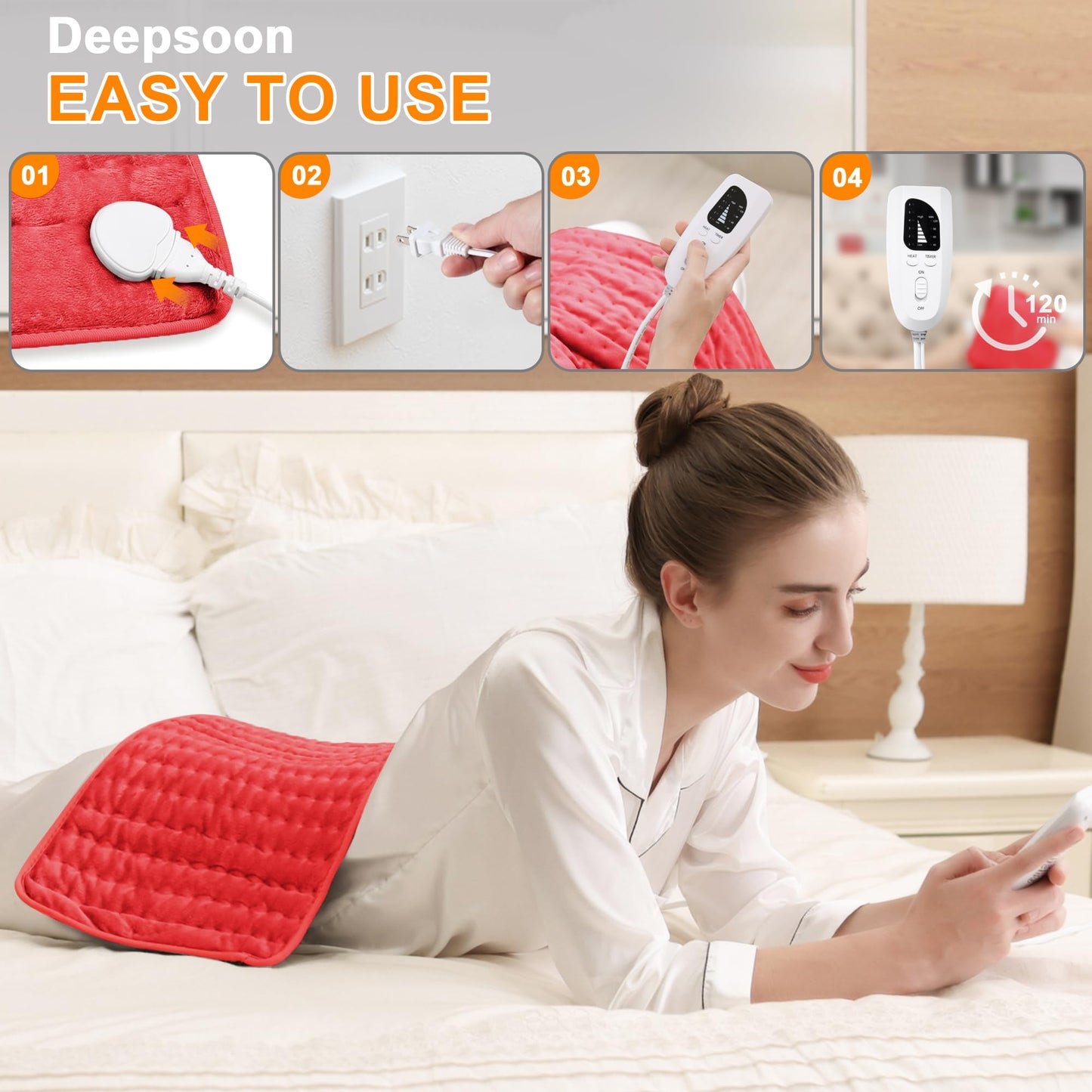 Deepsoon Heating Pad,Electric Heating Pads for Back,Neck,Abdomen,Moist Heating Pad for Shoulder,Knee,Arms,Legs,Dry/Moist Heat & Auto Shut Off,Christmas Gifts for Men and Women,Red,24x12 Inch