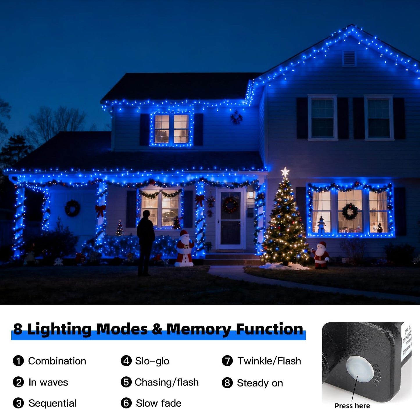Vtechology 500 Led Blue Christmas Tree Light Plug In Connectable 170Ft String Lights With 8Modes Ul Certified Outdoor Indoor For Halloween Holiday Bedroom Party Decor