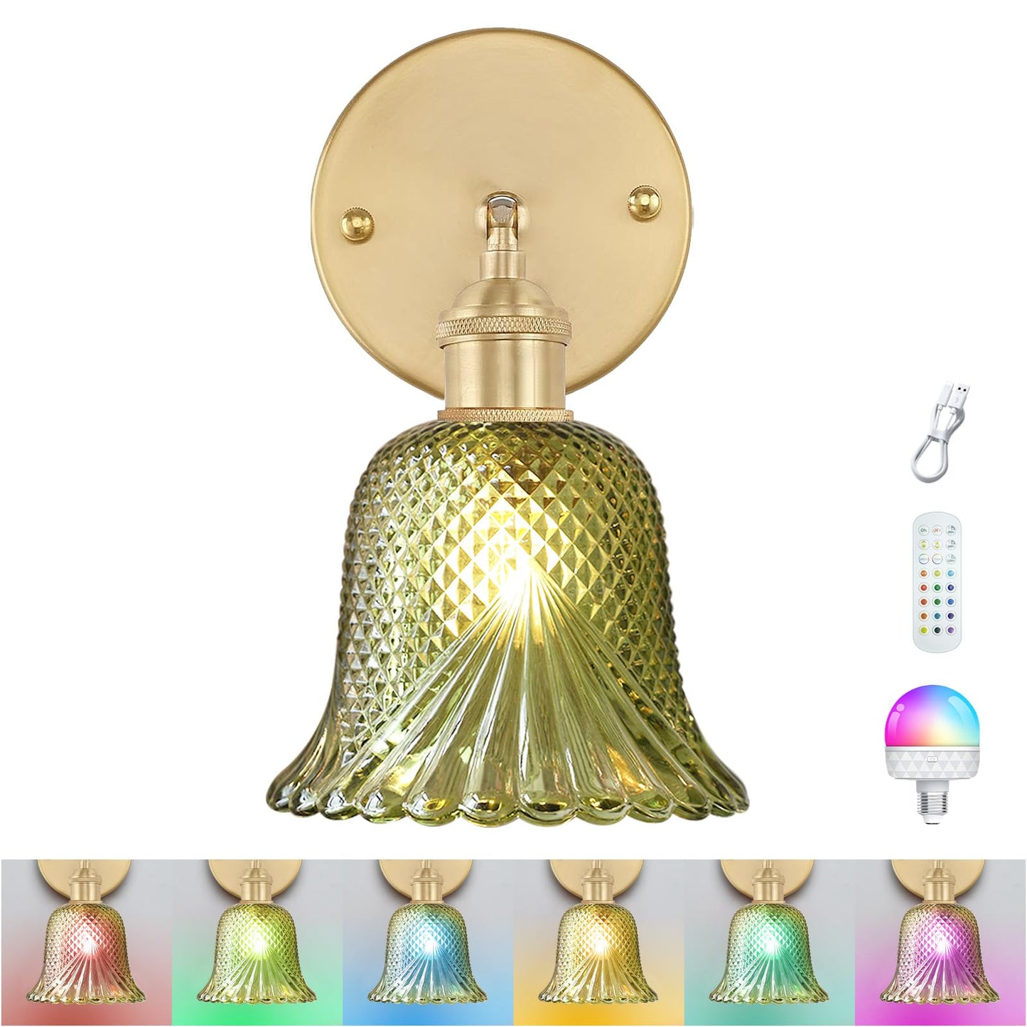 GEEZO Vintage Battery Operated Wall Sconce, Rechargeable Light with Remote, Ripple Green, Polyester, Model GEEZO-Y-12, 1 Pack