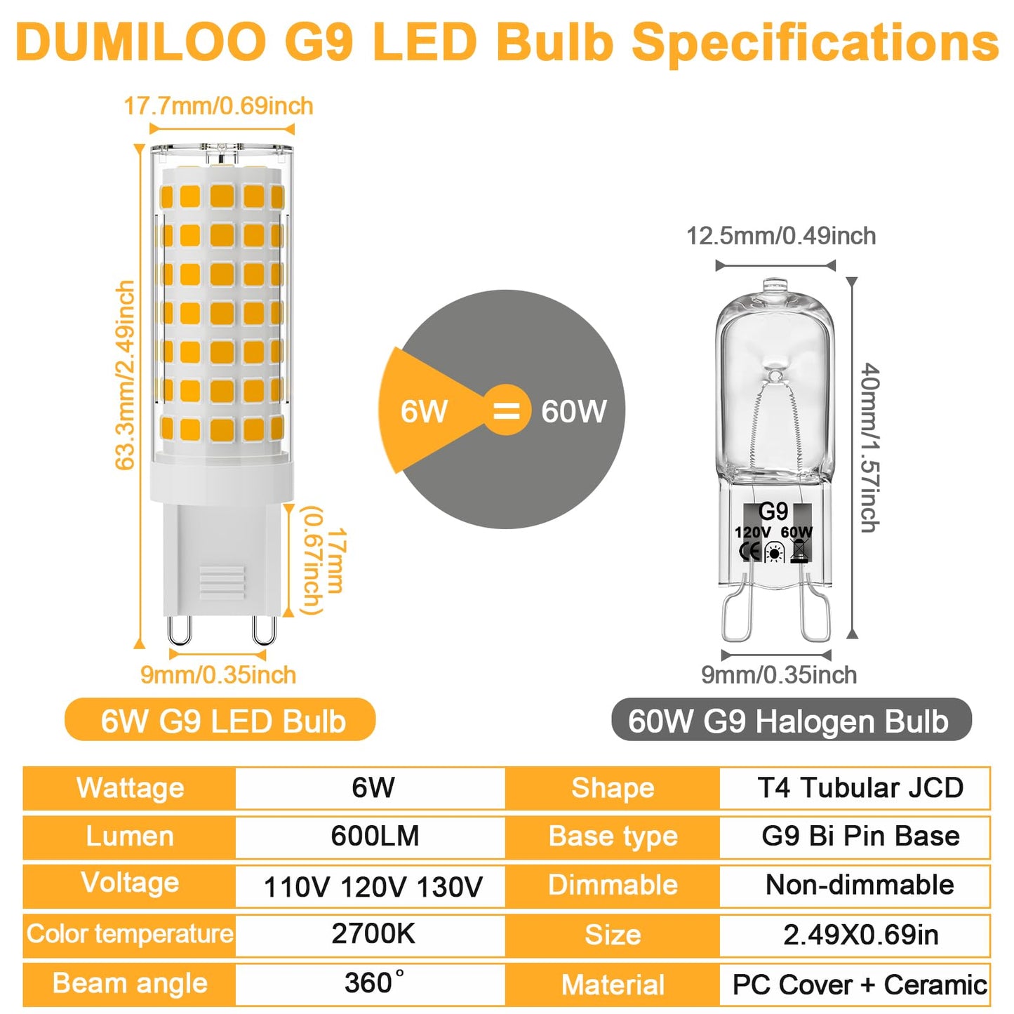 Dumiloo G9 Led Bulb 6W 60W Halogen Equivalent 2700K Warm White High Brightness 600Lm  Ac120V T4 G9 Bulbs With Long Lifespan For Chandeliers Home Lighting G9 Bi-Pin Ceramic Base Non-Dimmable 6 Pack