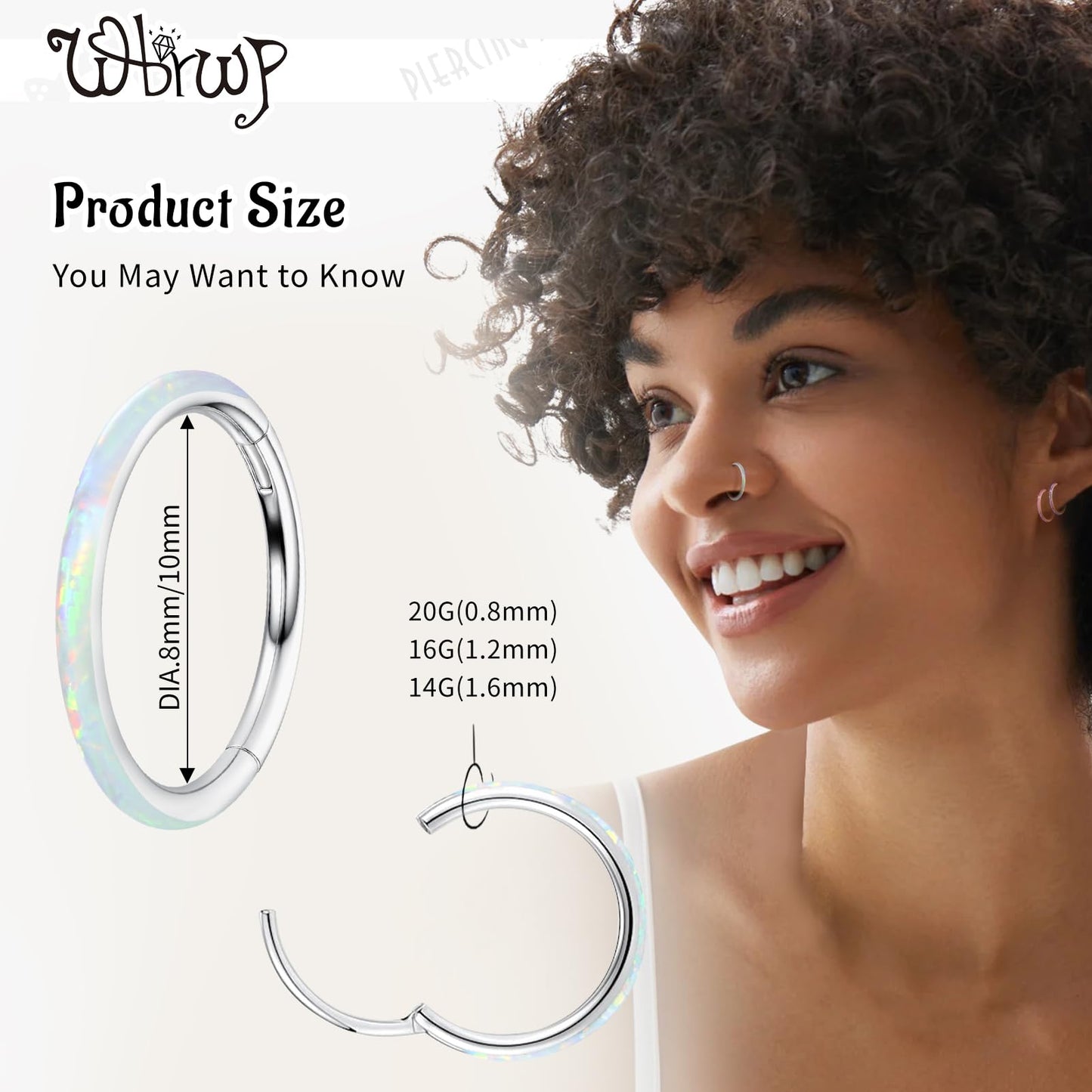 WBRWP 316L Stainless-Steel Piercing-Ring Hinged Nose-Rings-Hoop with White Opal 16G(1.2mm) Segment Clicker Lip Rings Daith Earri