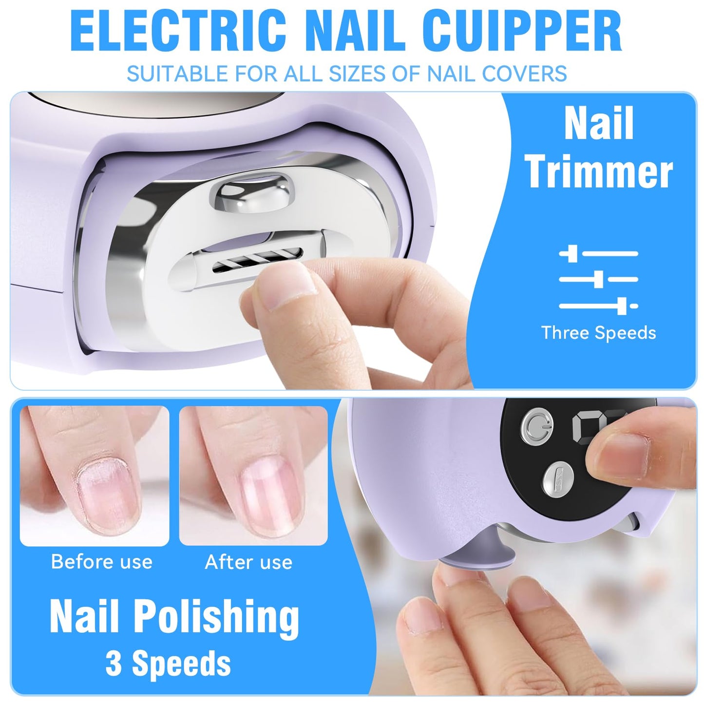 Electric Nail Clipper, 3 in 1 Electric Toenail Clippers for Seniors, 3 Speed Automatic Electric Nail Trimmer, Portable Fingernai