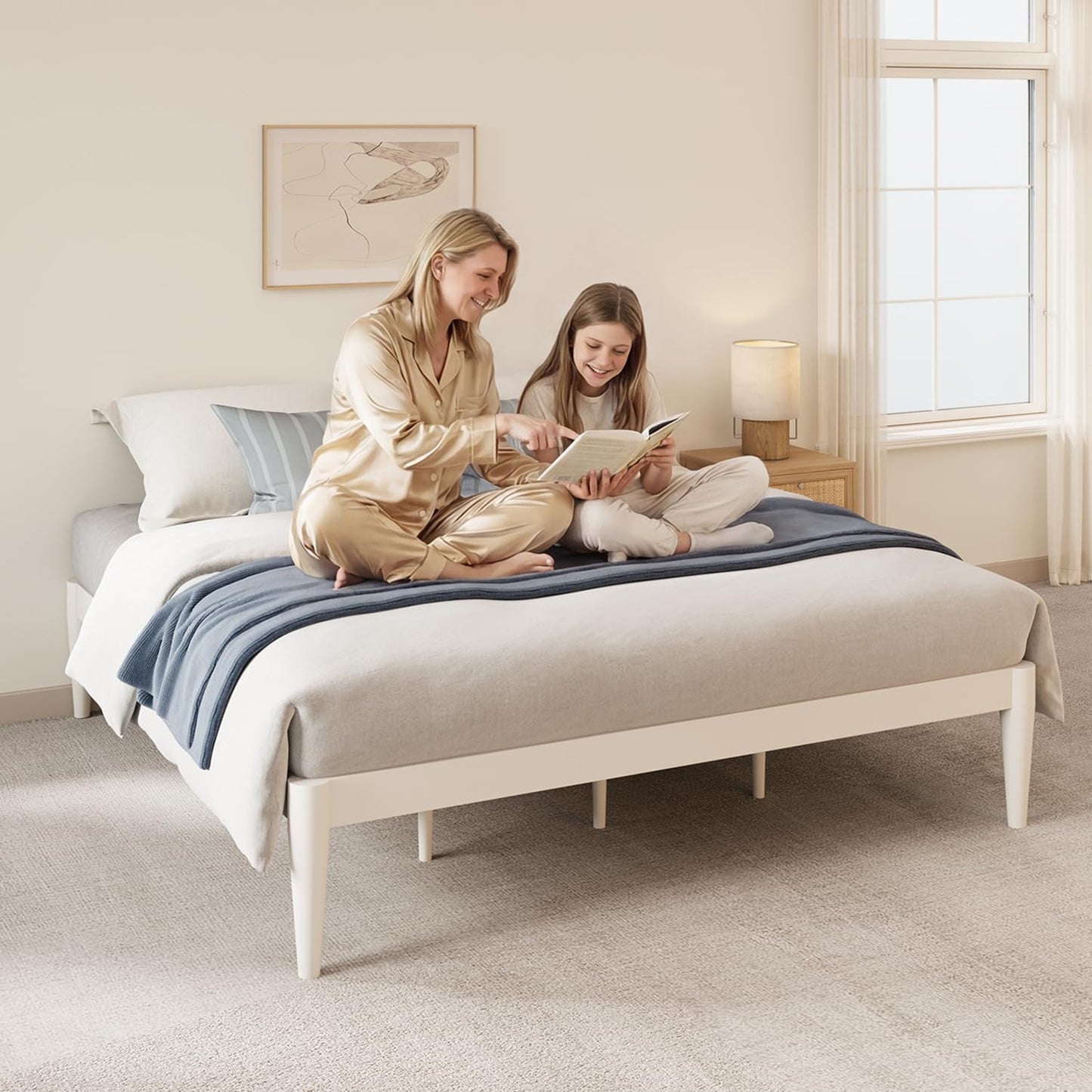 IOTXY Twin Platform Bed Frame - Solid Wood 16-Inch Height Mattress Foundation Base with Densely Slats and Heavy-Duty Support Legs, No Box Spring Needed, White