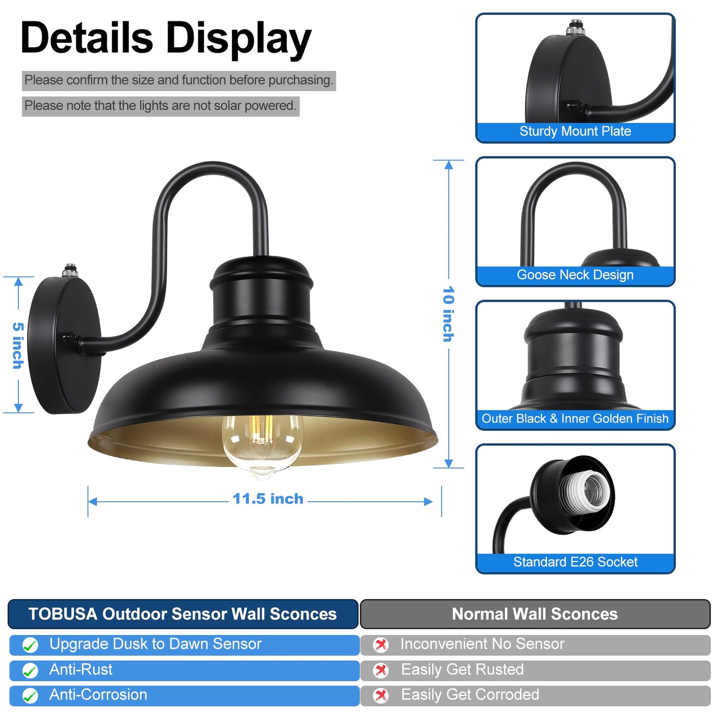 TOBUSA 2-Pack Outdoor Wall Light Fixtures, Waterproof Metal Gooseneck Barn Lights, 11.5in  Black & Golden, Model B11023PP