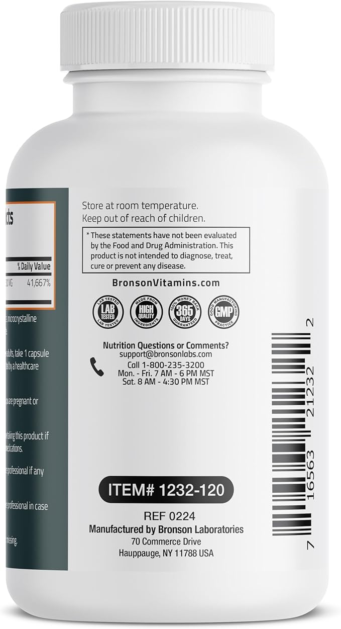 Bronson Vitamin B1 Extra Strength 500 MG High Potency Non-GMO, 120 Capsules