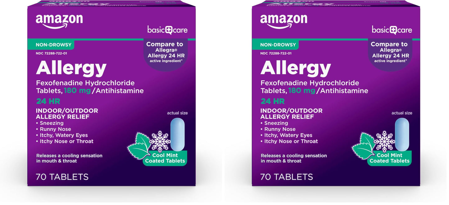Amazon Basic Care Allergy Relief, 24 Hour, Fexofenadine Hydrochloride 180 mg, Non-Drowsy Antihistamine, Cool Mint Coated Tablets, 70 Count (Pack of 2)