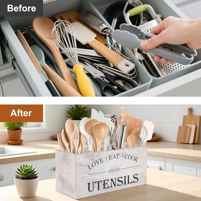 2 Pack Utensil Holder, 6.7"+6.18" Wooden Utensil Holder for Kitchen Countertop, Large Wood Utensil Organizer with Partition for Silverware and Cooking Storage, Farmhouse Kitchen Decor