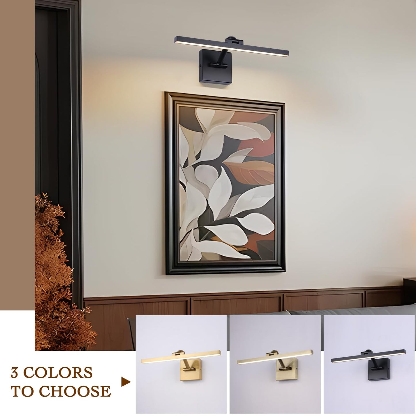 Black 15.7 Inch LED Dimmable Lights For Pictures On Wall Hard Wired Gallery Light Modern Artwork Wall Lamps, Warm White Picture Lights with Single Swing Arm Art Display Light For Paintings Portrait