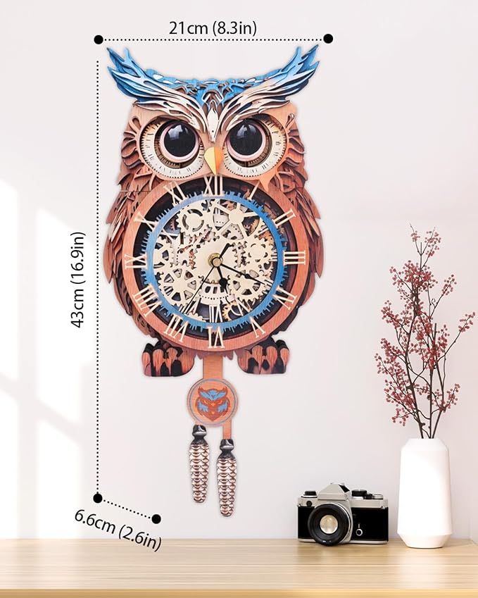 3D Wooden Puzzles for Adults, Owl Clock with Pendulum Model Kit, 3D Puzzles for Adults Room Home Decor DIY Wall Clock Kit, Holiday Birthday Christmas Day Gifts for Men Women Teens